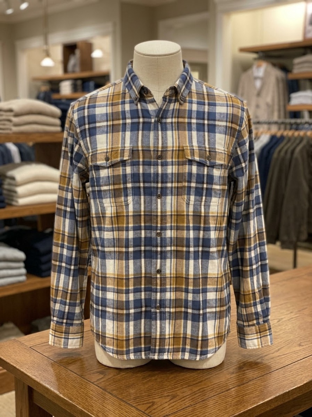 George Plaid Button-Down fleece Shirt in Blue, Brown, yellow and White